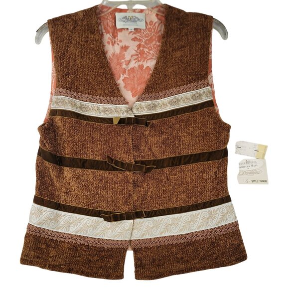 90s Susan Bristol Brocade Vest Small Ornate Orange Brown Woven Back Vintage New - Picture 1 of 11